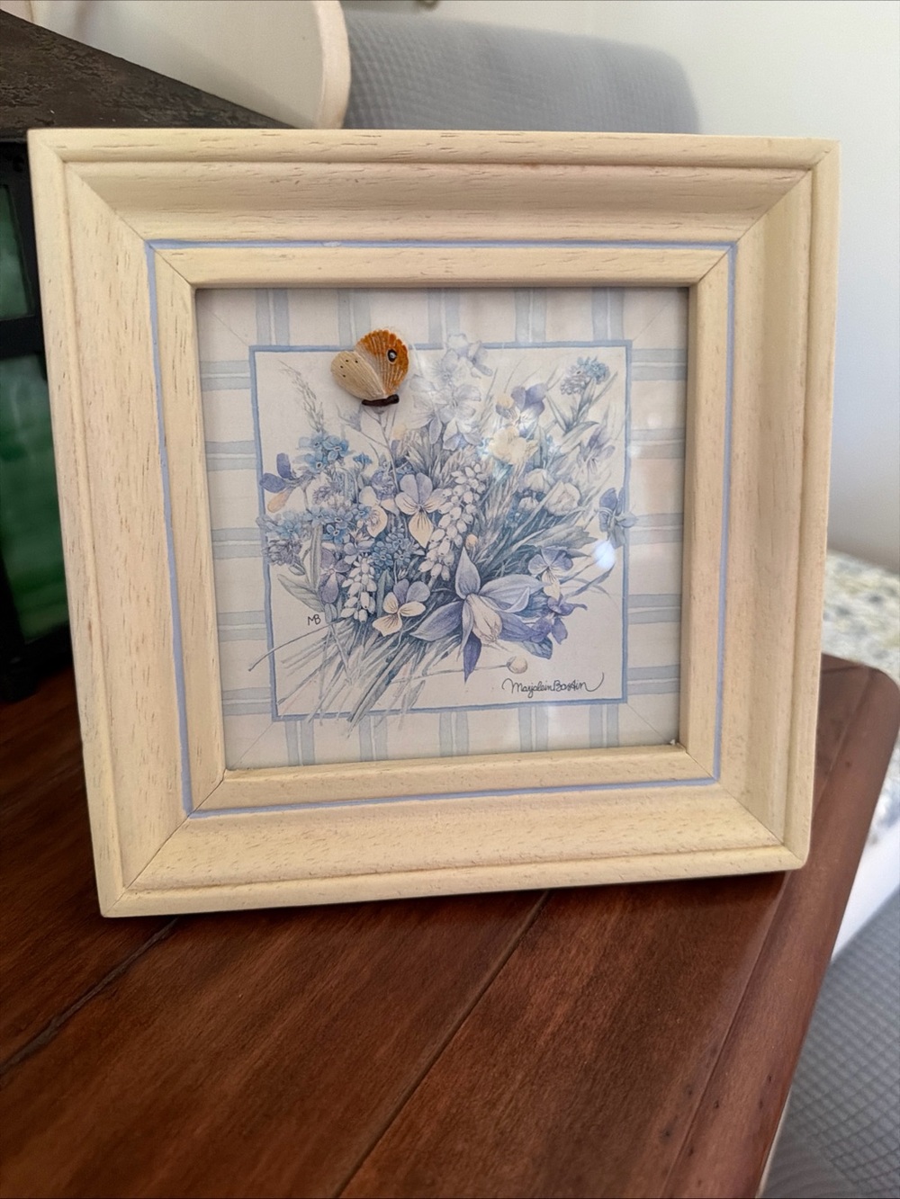 Framed Cream Wooden Wall Art with Blue Floral Illustration by Marjolein Bastin